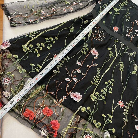 ~ Lg Floral Boho Sheer Dress Botanical Black Flowers Long Sleeve Bohemian Knee - Picture 6 of 14